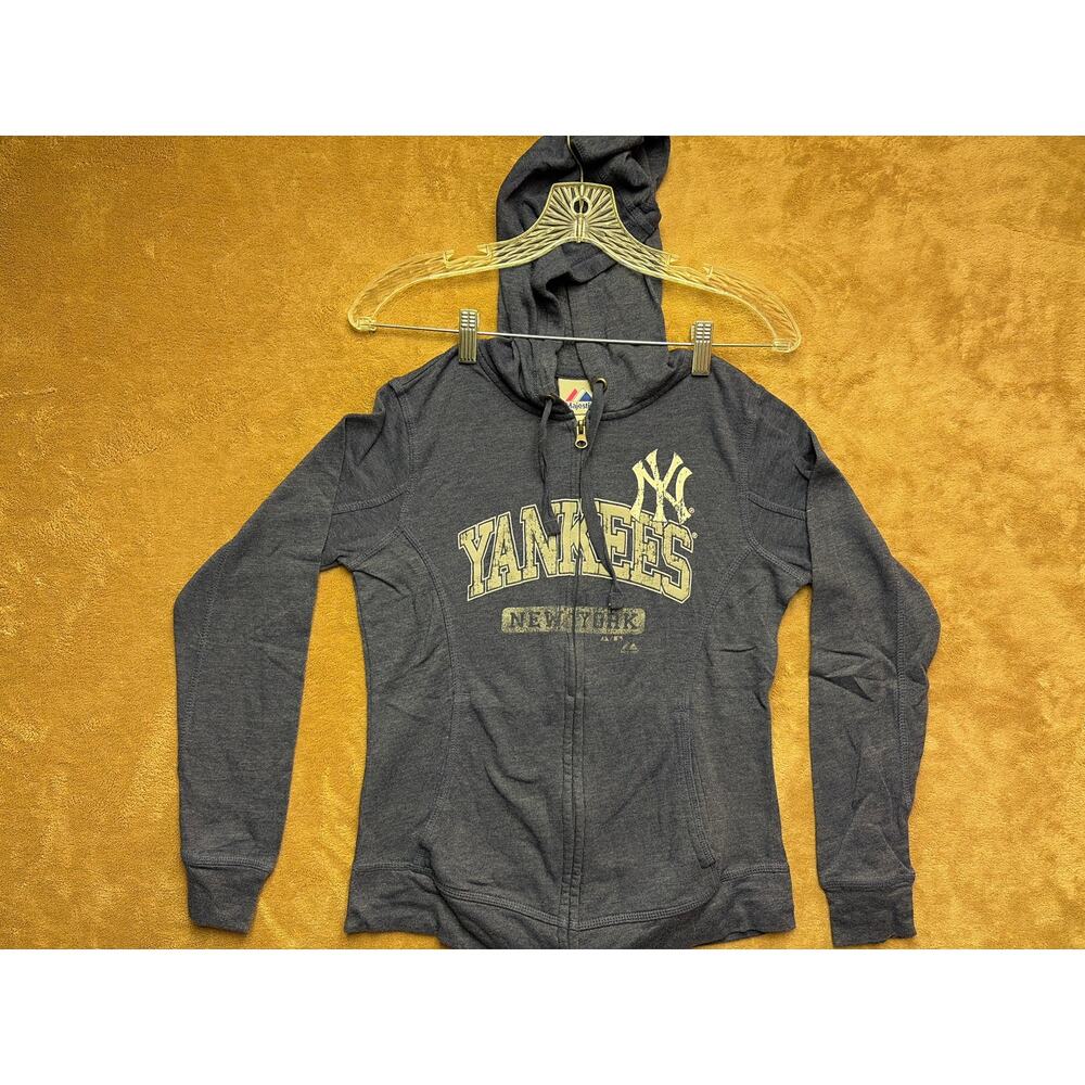 Vintage Majestic NY Yankees Zip Up Hoodie M Blue Yellow Distressed Spellout Y2K